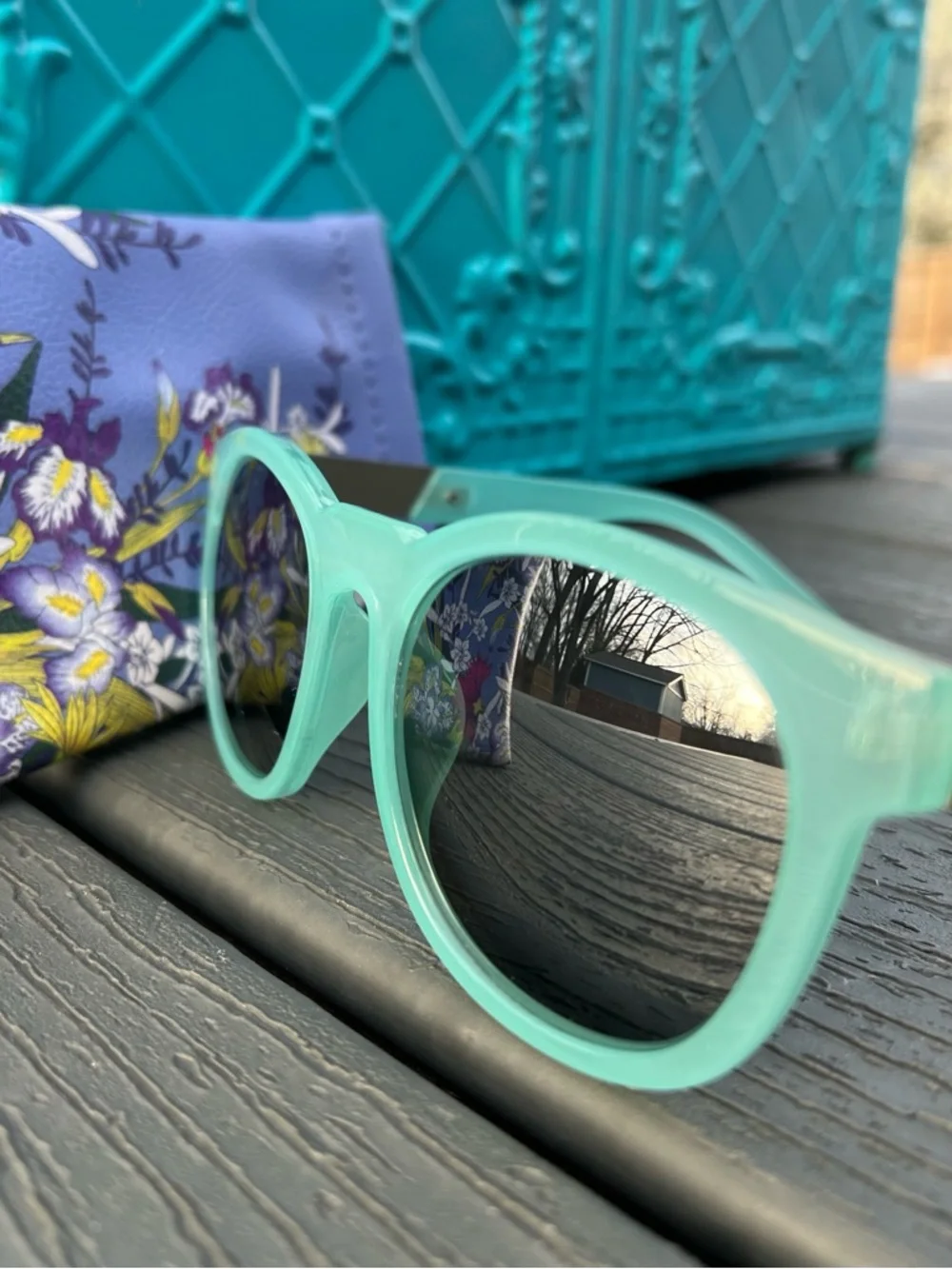 Retro Perverse Mirrored Light Blue Sunglasses w/ Floral Case UV400 Y2K